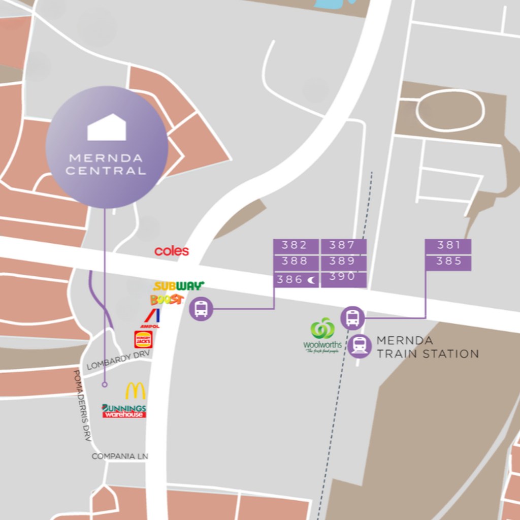 Map showing Mernda Central on Lombardy Drive near Bunnings and McDonald's, bus routes 382 to 390 on Plenty Road, and Mernda Train Station